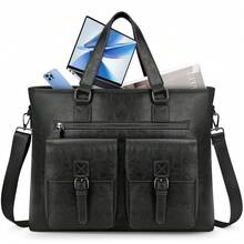 Portafolio para Hombre de 15. 6 Pulgadas, Maletín de Laptop de Piel PU, Grande Capacidad, Impermeable, Ideal para Trabajo, Negocios y Viajes - Negro - Ver 2