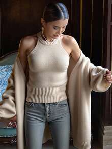 Livesso 2pcs Women's Solid Color Camisole Cardigan Sweater Set, Autumn - Apricot - View 4