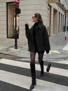 Versatile Solid Khaki Front Button Pocket Ribbed Women Wool Blend Jacket, With Pockets, Elegant & Versatile, Suitable For Daily And Fashionable Street Wear In Autumn/Winter, Office, Business Casual, And Campus Wear