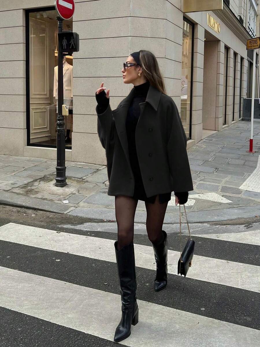 Versatile Solid Khaki Front Button Pocket Ribbed Women Wool Blend Jacket, With Pockets, Elegant & Versatile, Suitable For Daily And Fashionable Street Wear In Autumn/Winter, Office, Business Casual, And Campus Wear