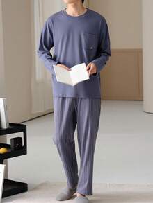 【AICJ睡衣】男士休闲宽松睡衣两件套，圆领长袖上衣，侧条纹长裤，针织面料，适合派对、居家、旅行、春季、秋季、冬季穿着。 - 藏蓝色 - 查看 3