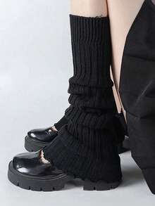 1 par negro/2 pares negro y blanco Calentadores de piernas cómodos y de moda para mujer con volantes, calentadores de piernas holgados para otoño e invierno - Negro - Ver 3