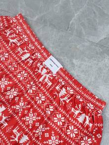 2 piezas Conjunto de top de manga larga y shorts de punto con estampado de renos navideños casuales y deportivos para mujer, apto para uso en el hogar, para todas las estaciones - Rojo - Ver 9