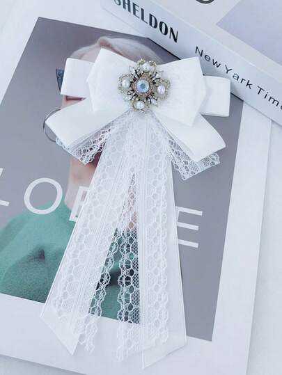 1pc Floral Print Elegant Polyester Necktie, Vintage Lace Bow Hairclip With Exquisite Crystal Pearl Top Clip, Fairy-Like Chiffon Ribbon Hair Accessory