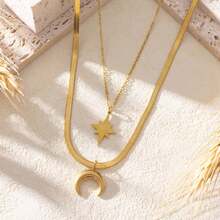 Necklace In 18K Titanium Steel, Double Layer, Fade-Resistant, Modern And Exclusive Jewelry With A Moon And Star Design. - 金色 - 查看 2