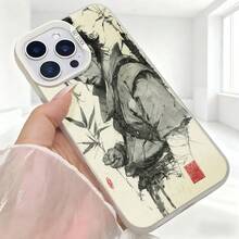 Cubierta de telefono con diseño de artista chino en blanco y negro estampado con bambu y sellos rojos para iPhone 14 Pro Max estilo elegante para uso diario en cafeterias y eventos sociales - Blanco - Ver 5