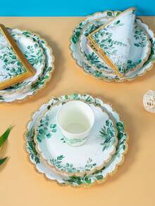 100/25/10pcs Gold Rim Green Leaf Petal Shaped Disposable Plates Napkins Cups, Plant Theme Plates Napkins And Cups Party Supplies, Suitable For 25 Guests, Disposable Paper Plates Party Tableware Suitable For Birthday Wedding Party Family Picnic - Multicolor - View 4