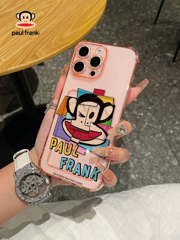  Paul Frank Licensed Transparent Pink Card Slot Phone Case, Full Body Monkey Face Anti-Fall Camera Protection, New Suitable Compatible With IPhone 13/14/15/16/17 Pro Max Phone Protective Cover