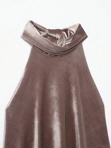 ZEVITY Women's Solid Color Asymmetric Spaghetti Strap Top, Velvet Backless Spaghetti Strap Camisole - Mocha Brown - View 3