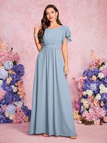 Volly Toych 优雅高贵的浅蓝色雪纺伴娘礼服，采用垂褶荷叶边下摆、短袖和圆领设计，适合特殊场合。 - 霧霾藍 - 查看 5