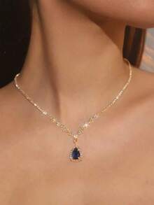 Dây chuyền mặt hình giọt nước Cubic Zirconia màu xanh navy cổ điển, Dây chuyền phong cách tiệc tùng thanh lịch dành cho nữ, Dây chuyền quà tặng tinh tế - màu xanh vàng - Xem 3