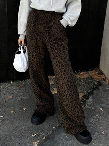 Livesso 女士豹纹荷叶边阔腿裤 豹纹裤 动物纹裤 猎豹纹裤 豹纹裤 棕色豹纹裤 秋季 - 棕色 - 查看 5