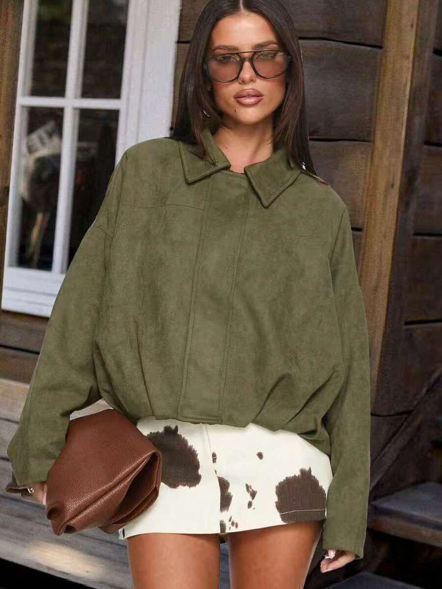Women's Regular Faux Suede Long Sleeve Single Breasted Loose Casual Jacket, For Spring, Women's Pocket Metal Button Short Military Green Jacket Suitable For Spring And Autumn - Army Green - View 1