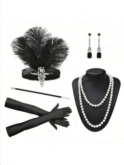 D EXCEED Juego de 4/5/6 piezas de accesorios de mujer estilo años 20 Flapper: Tocado de plumas, collar de perlas falsas, aretes y guantes largos, adecuado como accesorios para vestidos de fiesta de Halloween