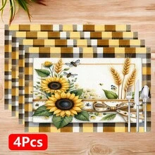 1 pieza/4 piezas/6 piezas Manteles individuales de lino con estampado de girasol, adecuados para mesa de comedor, decoración para todas las estaciones, manteles de mesa lavables modernos, decoración de habitación, posavasos, manteles de cocina y comedor, decoración de fiesta interior y exterior, decoración del hogar, regalo ideal