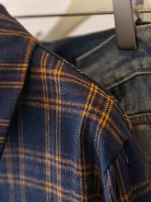 YUXIN 女春夏复古格子衬衫翻领长袖宽松日常通勤/休闲出游透气修身百搭上衣 - 藍色 - 查看 7