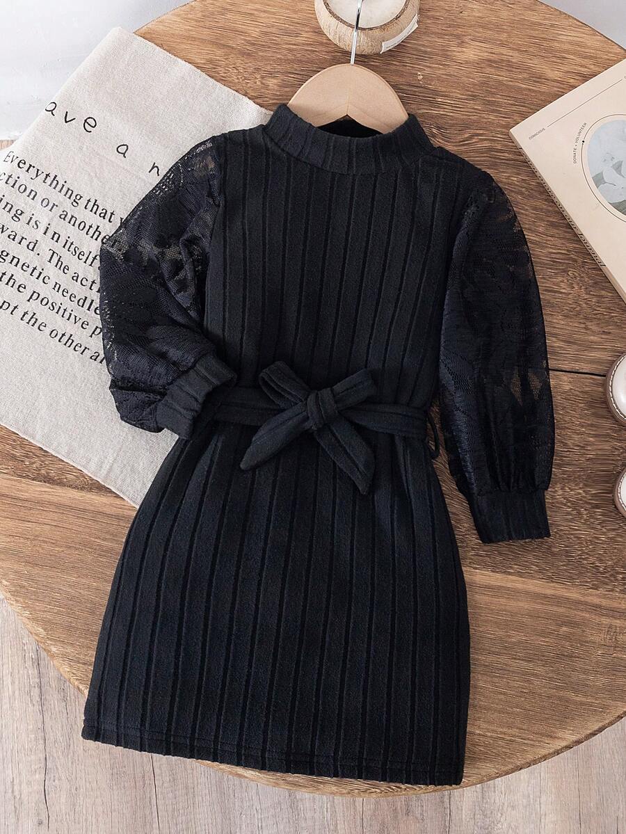 Girls Casual Solid Color Lace Mesh Sleeve Patchwork Dress + Matching Belt - Black - View 1