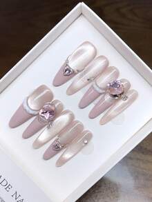 Móng giả thủ công nguyên chất, hình dáng oval dài, vẽ tay họa tiết mắt mèo màu hồng kiểu Pháp, móng tay cá nhân hóa cho mùa thu đông, móng giả chất lượng cao, móng giả phủ kín toàn bộ móng, móng kiểu Y2K, móng dán thủ công. - Nhiều màu - Xem 4