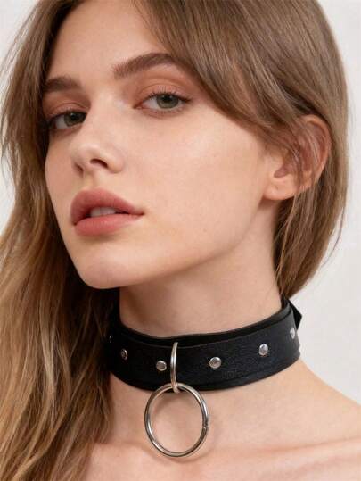 1pc Faux Leather Choker Necklace With Chain & Heart Design, Fashionable Y2K Goth Punk Style Lingerie Accessory, Suitable For Various Occasions