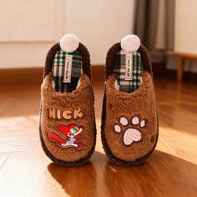 Miniso Nick Themed Slippers, Heavyweight Teddy Thermal Lined & Checkered Anti-Slip Sole, Fluffy Pom-Pom Collar, Adorable Claw Embroidery, Ideal For All-Day Indoor Or Short Trips Outdoor (1 PC)