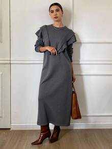 Livesso Women's Loose Straight Dress With Layered Ruffle Shoulder, Solid Color Casual Thickened Fleece Sweater Dress Maxi Dress - Grey - View 4