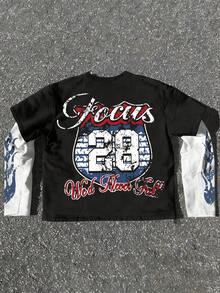 1件男士秋冬赛车元素印花黑白拼接长袖T恤 - 彩色 - 查看 2