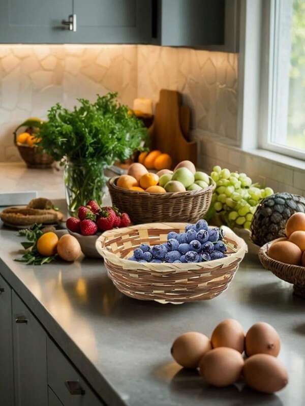 12/6/5/1pc Handmade Bohemian Style Artificial Rattan Storage Basket - Stackable Rectangular Woven Basket Suitable For Bread, Fruit, Vegetables, Snacks, And Handicrafts. Durable Brown Woven Design, Suitable For Kitchen, Dining Room, And Home Organization. Kitchen Fruit Basket, Snack Organizer, Natural Appearance, Sturdy Construction.