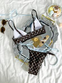 Dam retro prickig och sexig bikiniset med fläskkotletttryck, ljusblå och brun prickig asymmetrisk A-linjeformad ärmlös kort bikini, lämplig för vinter, utflykter, födelsedag, casual, millennium, westernstil, nattklubb, strandsemester sommar - blåbrun - Visa 7