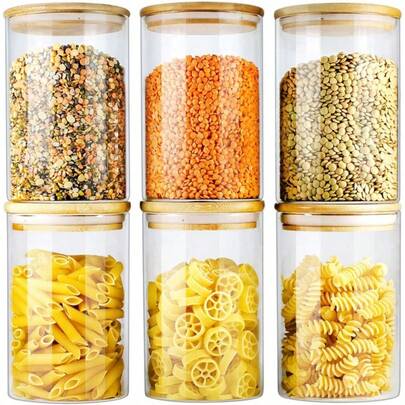 2/4/6pcs Kitchen Food Glass Storage Jars, Candy Jars, Airtight Glass Jars, Coffee Bean Containers, Glass Spice Jars With Bamboo Lids, Kitchen Organizers, Suitable For Kitchen Spices, Coffee, Grains, Candy, Cookies, Pasta, Home Kitchen Tabletop Decor, Stackable, Suitable For Holiday And Wedding Gifts