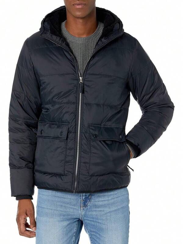 Essentials Men's Long-Sleeve Water-Resistant Sherpa-Lined Puffer Jacket
