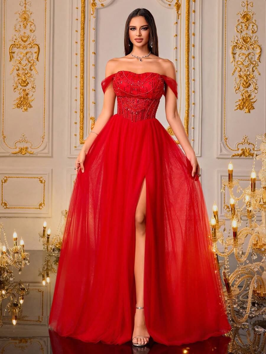 VIPGIRL New Red Off-Shoulder Fishbone Sequin Contrast Mesh Elegant Waist-Flattering Women's Formal Evening Gown - Red - View 1