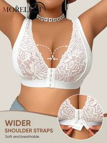 Morelect Plus Size Women Lace Patchwork Front Closure Wireless Bra, Fashionable Jacquard Supportive & Lifting - White - View 4