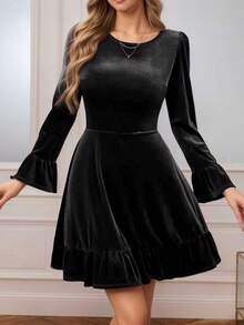 Elegant Velvet A-Line Mini Dress, Ruffle Hem, Long Sleeve, Round Neck, Suitable For Party - Ink Black - View 3