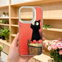 Cubierta de teléfono con diseño de gato negro y cesta de frutas color rojo para iPhone estilo vintage ideal para amantes de los animales y decoración floral Aplicable a los teléfonos de la serie Apple y Galaxy - Blanco - Ver 5