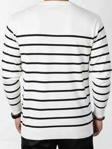 Men's Striped Crew Neck Black And White Knit Sweater, Long Sleeve