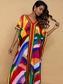 女式加大码 V 领短袖花卉印花休闲连衣裙，朴素的长袍