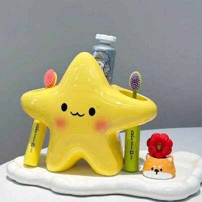 1 pieza Soporte para cepillo de dientes con forma de estrella adorable de plástico - Organizador de baño independiente, con diseño de cara adorable, construcción de plástico duradero, organizador de espacio para cepillo de dientes y pasta de dientes