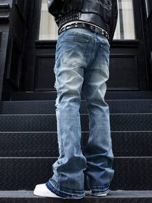 Jeans acampanados para hombres, jeans acampanados ajustados y desgastados, jeans apilados Y2K, jeans bordados con lavado de contraste, aptos para todas las estaciones - Azul - Ver 3