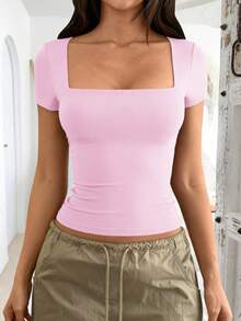 Vaiaye 女士纯色针织方领性感修身 Y2K 短袖 T 恤，春夏运动上衣，适合情人节休闲穿着 - 淺粉色 - 查看 9