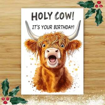 1pc Witty Highland Cow Birthday Greeting Card With Envelope (11cm16cm&4.33in6.29in) - "Holy Cow Birthday Wishes" Design, Amusing Highland Cow Scene, Perfect For Pals & Acquaintances, Ideal For Birthday Occasions & Lighthearted Greetings, Funny Greeting Card|Cow Humor Card|Paper Greeting Card
