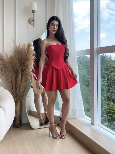 Conjunto Feminino Com Corset Estruturado E Saia Rodada  Casual  elegante    Zíper  Costas nuas / sem costas    Noite