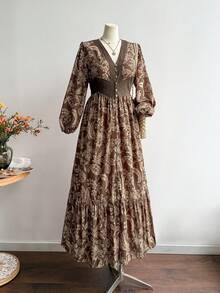 Rusttydustty 女士V领长袖连衣裙，棕色碎花印花，适合度假、下午茶、波西米亚风日常穿着，也适合秋冬季、情人节、新年和派对等场合。 - 棕色 - 查看 6