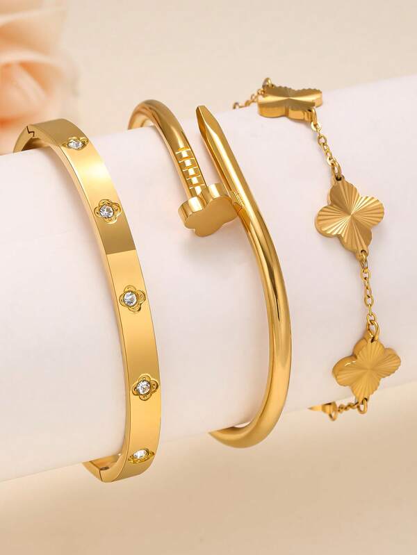 Bracelet de luxe et élégant en acier inoxydable pour femmes, avec trèfle à quatre feuilles texturé incrusté de zirconium. Convient pour le port quotidien, les occasions formelles, les sorties et les cadeaux.