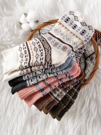 5 Pairs Vintage Thick Warm Mid-Calf Wool Socks For Couples, Winter