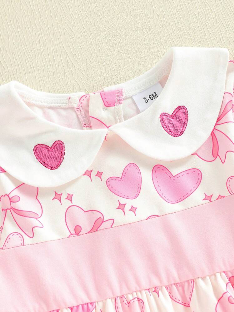 Vestido de niña con corte en A, estampado de lazo de corazón, mangas largas, cuello de muñeca, ropa de calle - Rosa - Añade 8