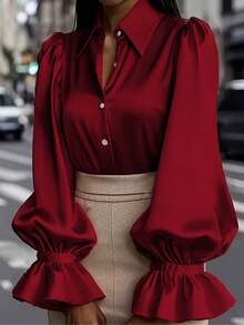 女士缎面纽扣衬衫，长袖，V领，灯笼袖，宽松版型，休闲/办公皆宜，春夏秋季 - 酒紅色 - 查看 4