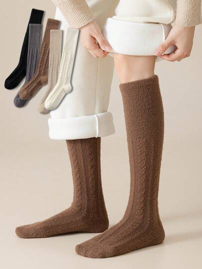 2 Pairs/1 Pair Women's Multicolor Warm Fleece Knee-High Socks, Warm & Non-Shedding For Indoor Wear