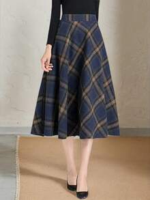 女士格子印花拉链优雅半身裙 - 藍色 - 查看 3