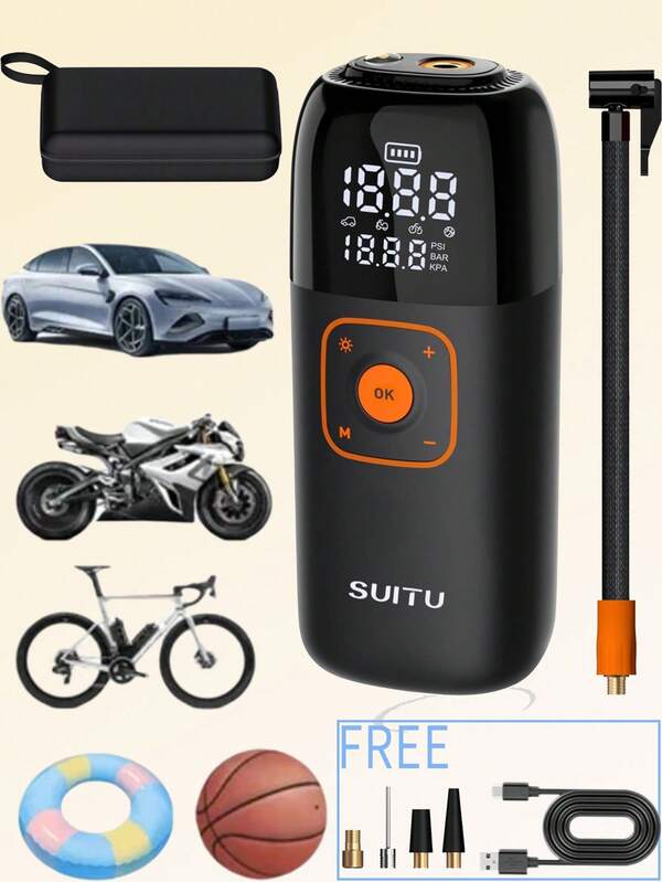 Compresor de aire portátil/Bomba de aire, inflador de neumáticos inalámbrico de 19 cilindros con bolsa de almacenamiento, batería de larga duración. Adecuado para automóviles/motocicletas/bicicletas. Incluye accesorios de aire compatibles con pelotas/colchones de aire. Batería de ión de litio de 11.1V 2000mAh. Bomba de aire para neumáticos de automóvil multifuncional. Modelo negro. Regalo.