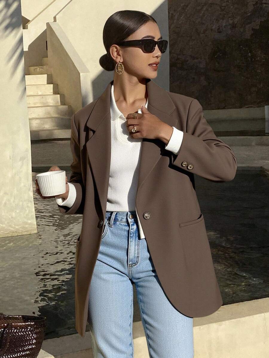 Livesso Women's Solid Color Turndown Collar Long Sleeve Casual Business Blazer,Fall Clothes - Coffee Brown - View 1
